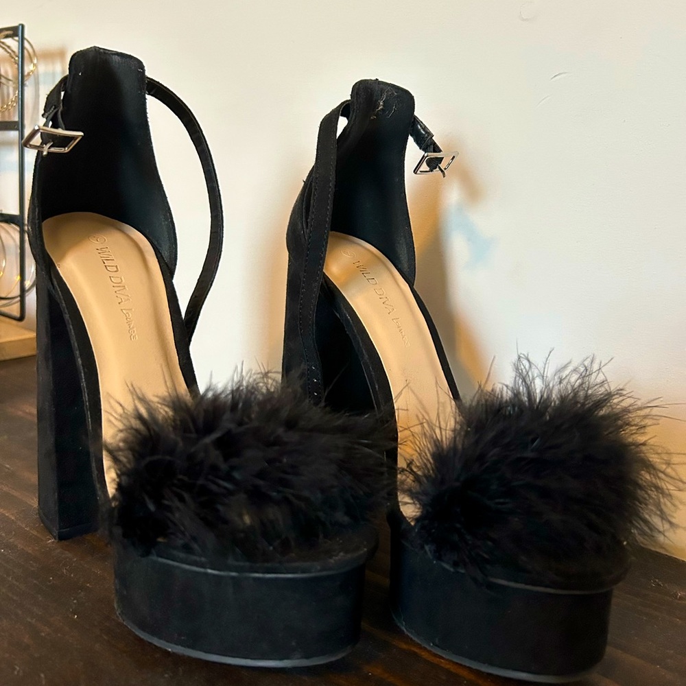 Platform Black Furry Chunky Heels